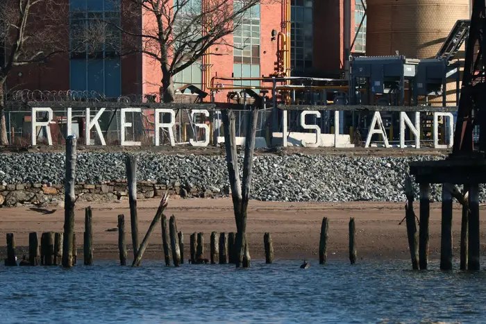 Rikers Correctional Center in New York City: A sign marks the location of the Rikers Correctional Center in the East River on March 9, 2021 in New York City.
